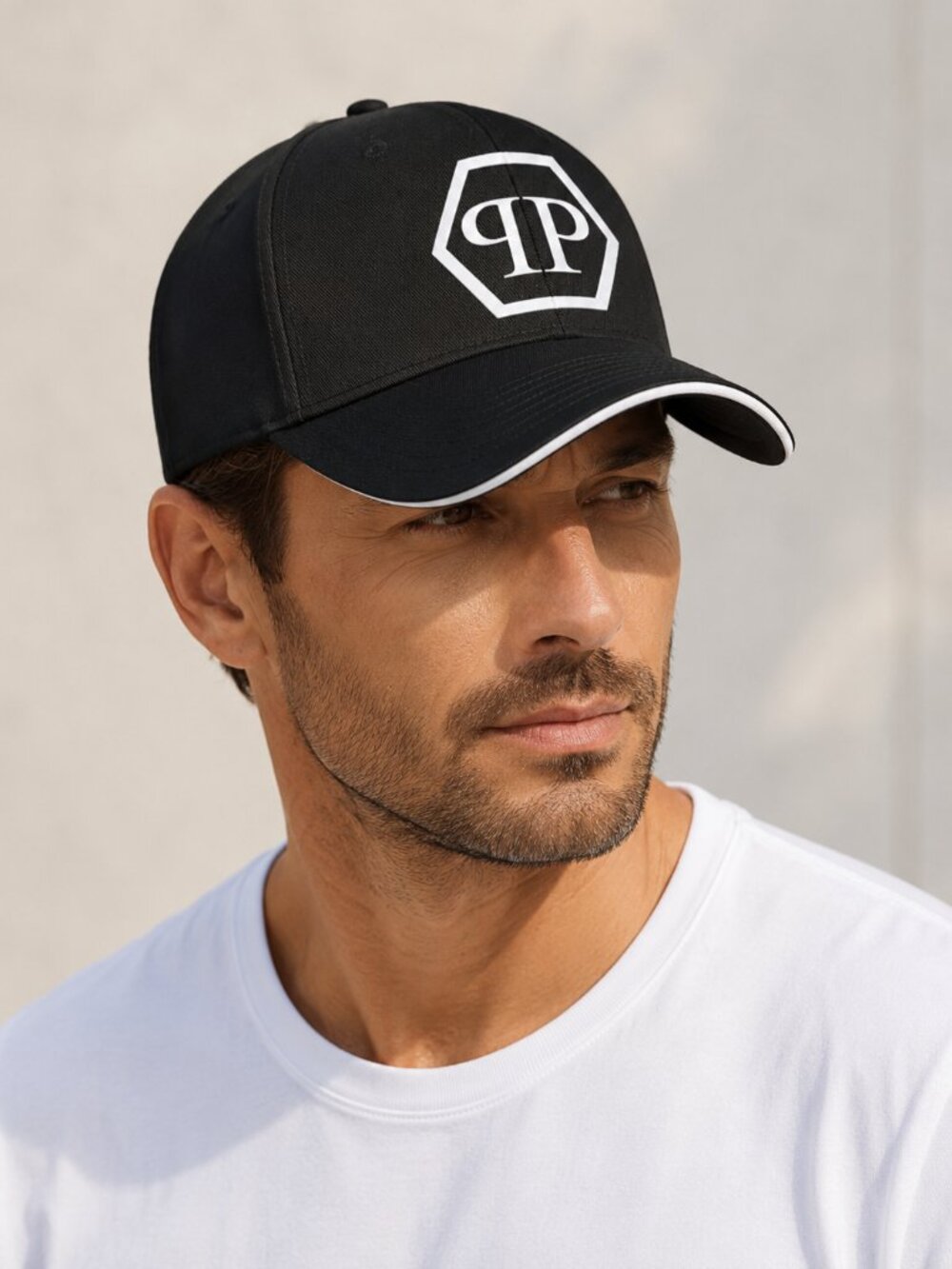 Unisex Black Geometric Logo Baseball Cap White Trim Adjustable Hat